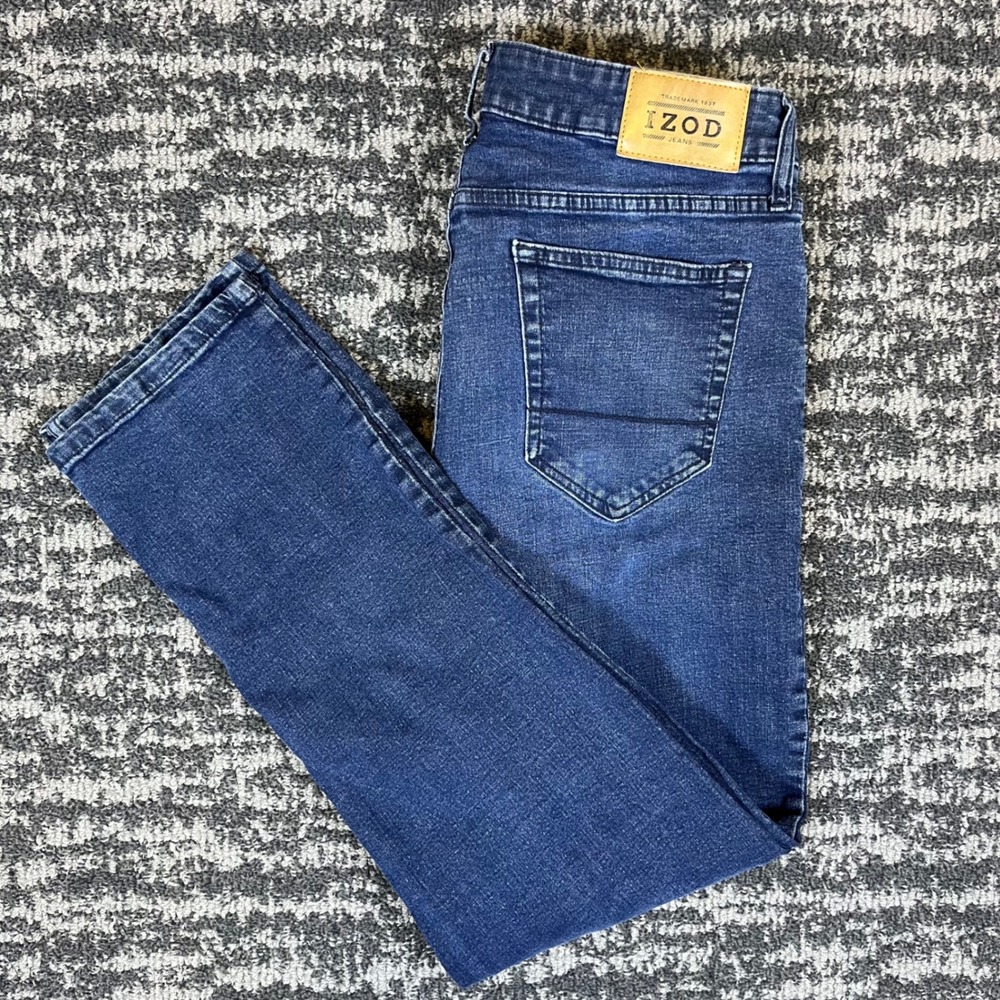 IZOD Mens Straight Fit Dark Wash Blue Denim Jeans 34x32 Stretch 1566219